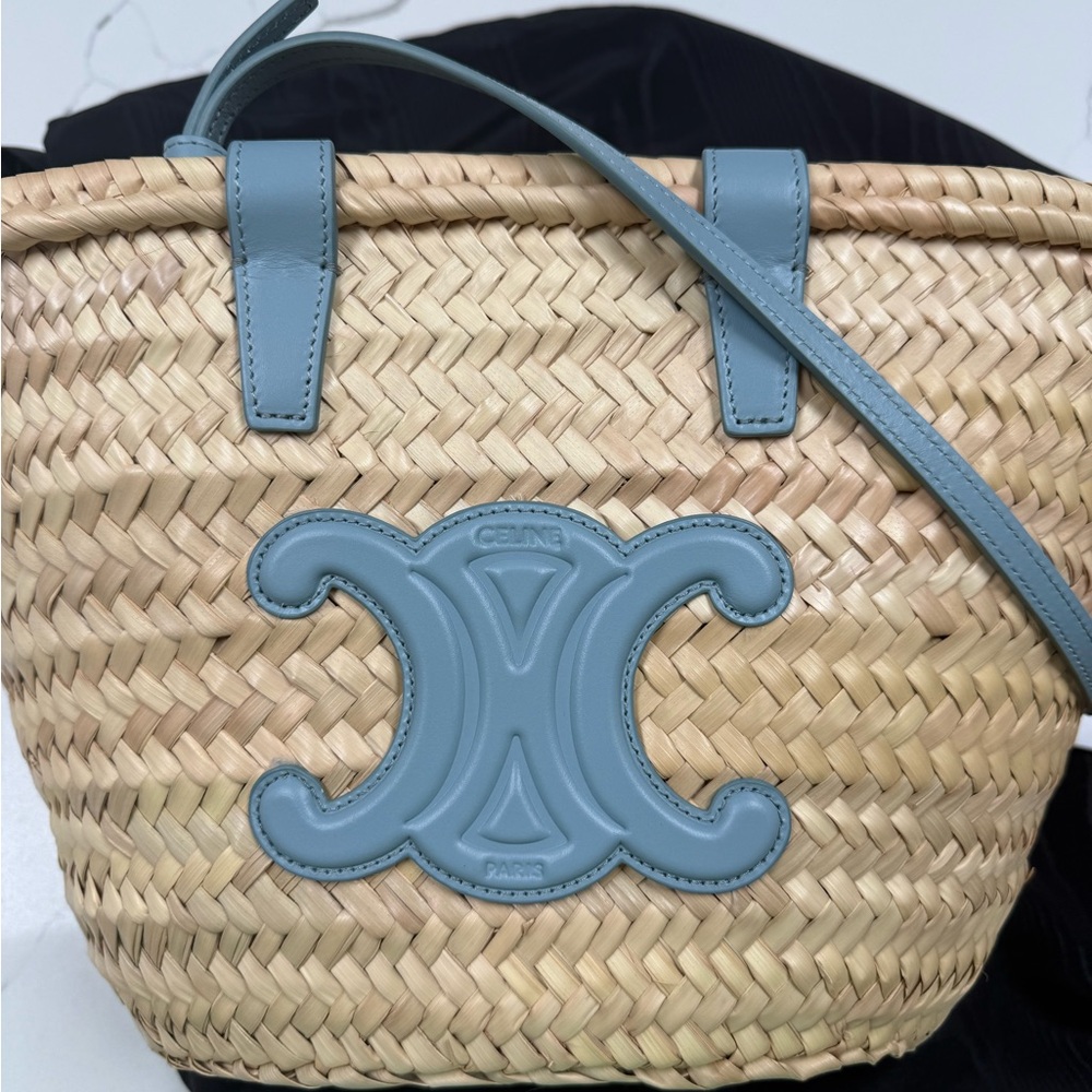 Celine Natural Straw Tote with Light Blue Leather Trim - Picture 4 of 5